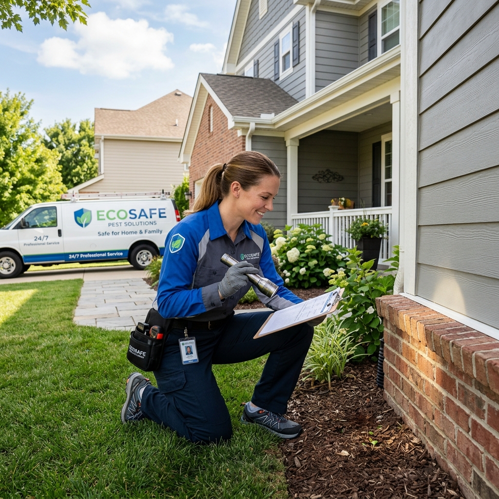 Pest control technician in protective gear inspecting the exterior of a home